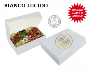 SCATOLE PER CIBO DA ASPORTO PERSONALIZZATE BIANCHE LUCIDE per sushi, pasticceria, panetteria, pizzeria, paninoteca, bar, bistro, ristorante, macelleria